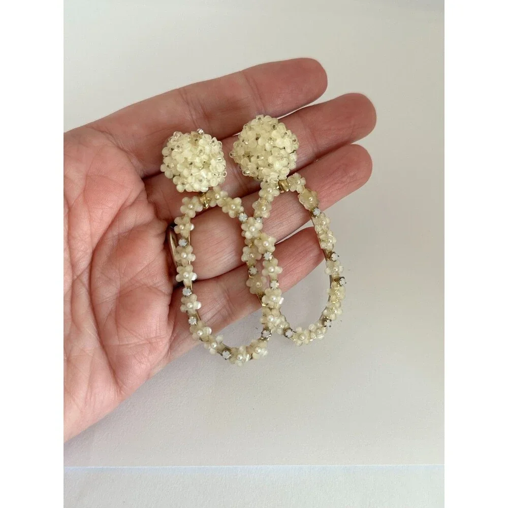 Hydrangea White Cluster Dangle Earrings Gold Tone Floral Drop Bridal Jewelry - Picture 3 of 5